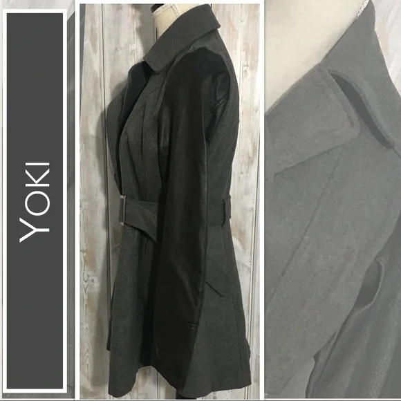 Yoki Mid-Length Coat Charcoal Body & Belt, Black Leather Sleeves Size XL NWT - Picture 6 of 7